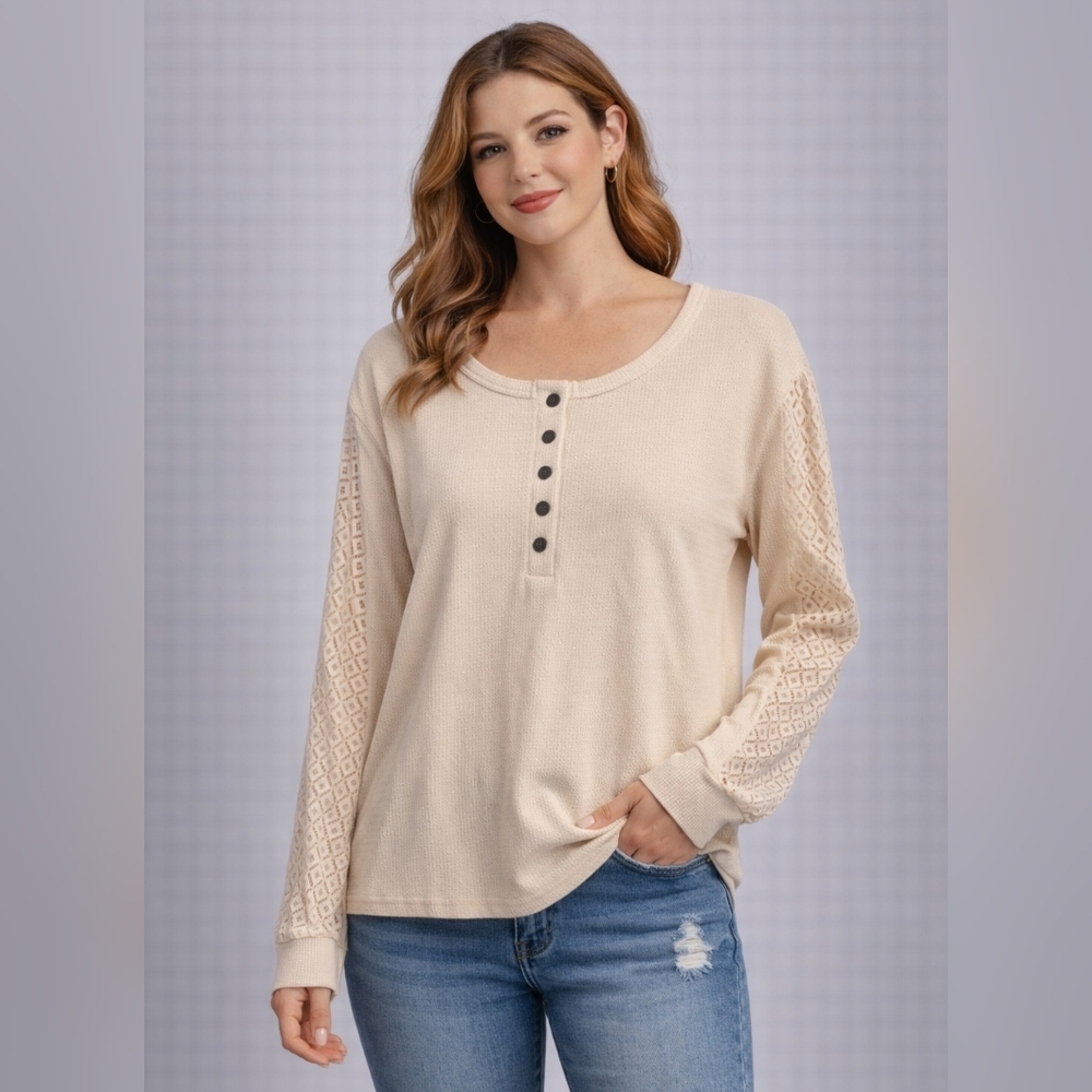 Beige Long Sleeve Henley Top with Lace Sleeves. Basic Long Sleeve Tee.